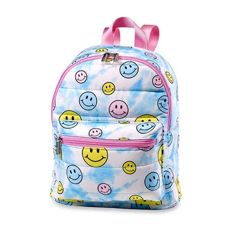 emoji mini backpack Light Blue tie dye Smiley Puffer Mini Backpack