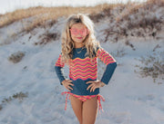Kids Coral & Navy Wave Long Sleeve Rash Guard Swimsuit