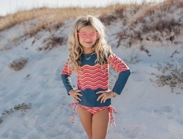 Kids Coral & Navy Wave Long Sleeve Rash Guard Swimsuit