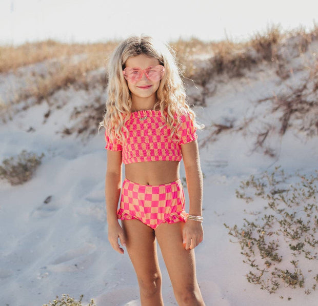 Kids Hot Pink & Tangerine Check Ruched 2 Piece Swimsuit