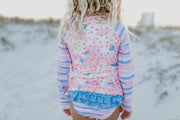 Kids Pink & Blue Abstract L.S. Rash Guard Ruffle Swimsuit