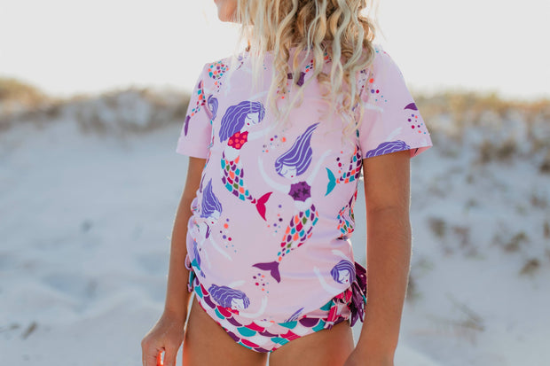 Kids Purple Mermaid Rash Guard Ruffle Swimsuit