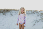 Kids Pink & Blue Abstract L.S. Rash Guard Ruffle Swimsuit