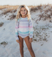 Kids Pastel Star Fish Long Sleeve Ruffle Rash Guard Swimsuit