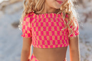 Kids Hot Pink & Tangerine Check Ruched 2 Piece Swimsuit