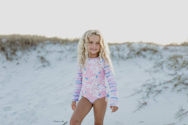 Kids Pink & Blue Abstract L.S. Rash Guard Ruffle Swimsuit