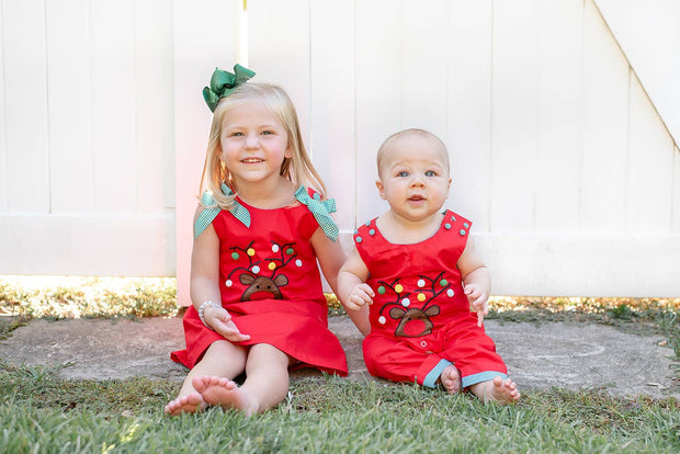 Red Reindeer Pom-Pom Shift Dress