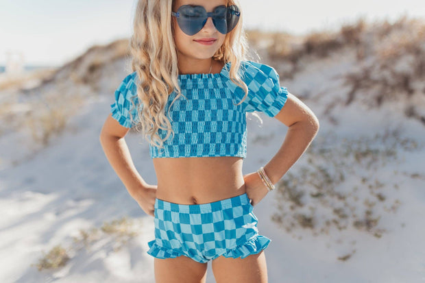 Kids Turquoise & Blue Check Ruched 2 Piece Swimsuit