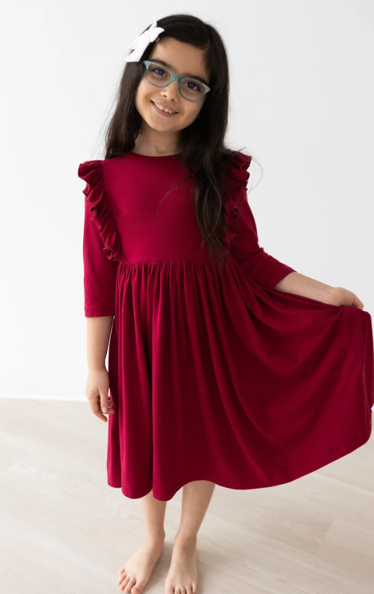 BURGUNDY RUFFLE TWIRL DRESS