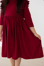 BURGUNDY RUFFLE TWIRL DRESS