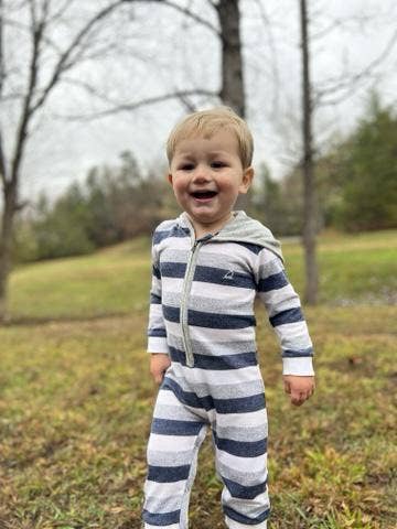 Blue/White Stripe Stefano Knitted Hooded Romper: 0-3M