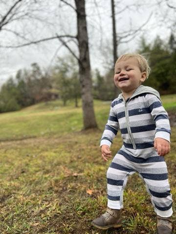 Blue/White Stripe Stefano Knitted Hooded Romper: 0-3M