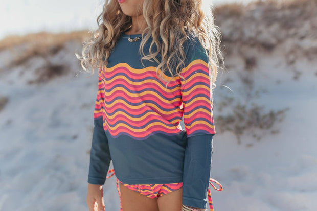 Kids Coral & Navy Wave Long Sleeve Rash Guard Swimsuit