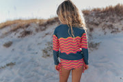 Kids Coral & Navy Wave Long Sleeve Rash Guard Swimsuit