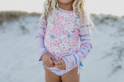 Kids Pink & Blue Abstract L.S. Rash Guard Ruffle Swimsuit