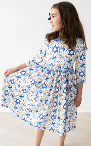 HAPPY HANUKKAH 3/4 SLEEVE POCKET TWIRL DRESS