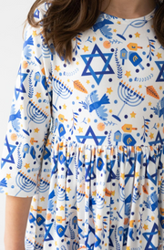 HAPPY HANUKKAH 3/4 SLEEVE POCKET TWIRL DRESS