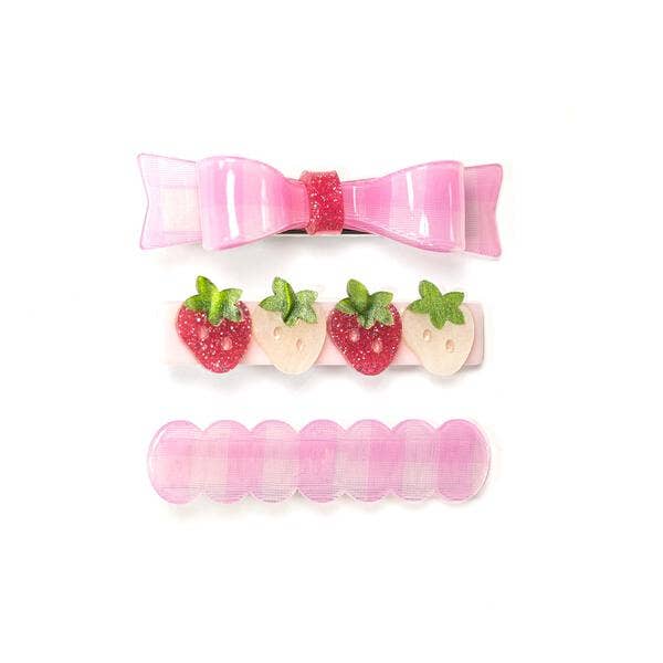 Pink checked bow + Strawberries Alligator clips set/3