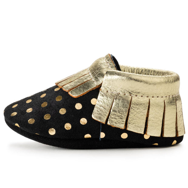 Black and Gold Genuine Leather Baby Moccasins
