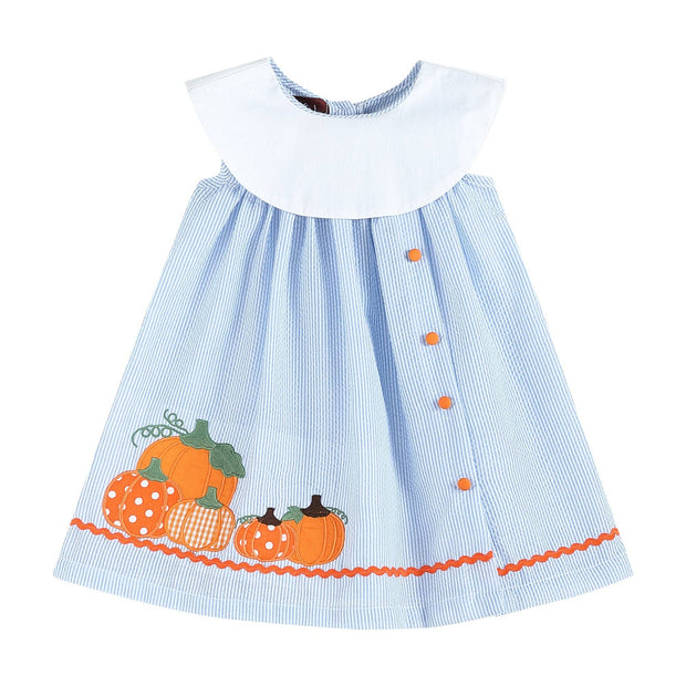 Light Blue Seersucker Pumpkin Baby Yoke Dress