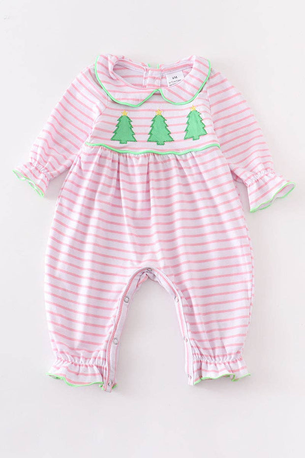 Pink Stripe Christmas Tree Applique Girls Romper