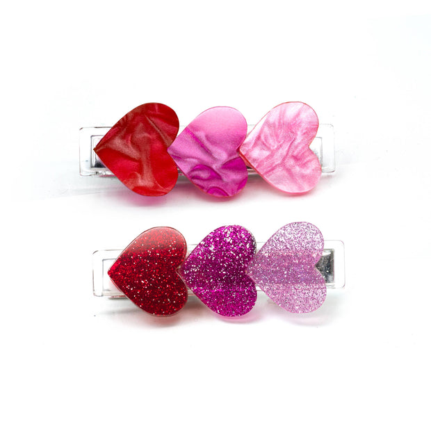 VAL24- Hearts Glitter Pearlized Red Shades Hair Clips