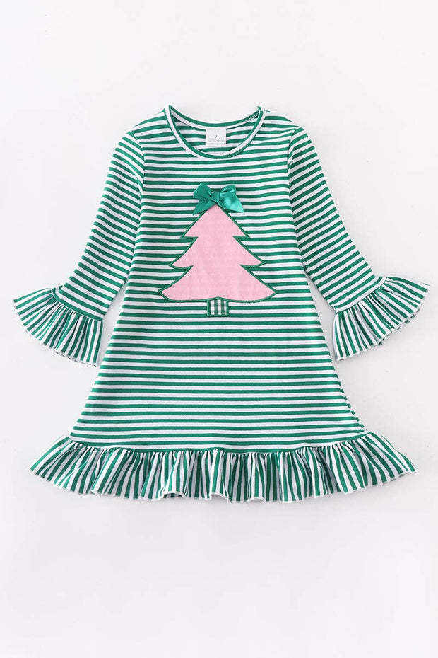 Green Stripe Christmas Tree Applique Ruffle Dress