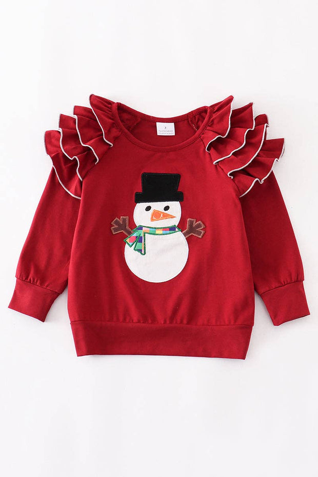 Red snowman applique ruffle shirt