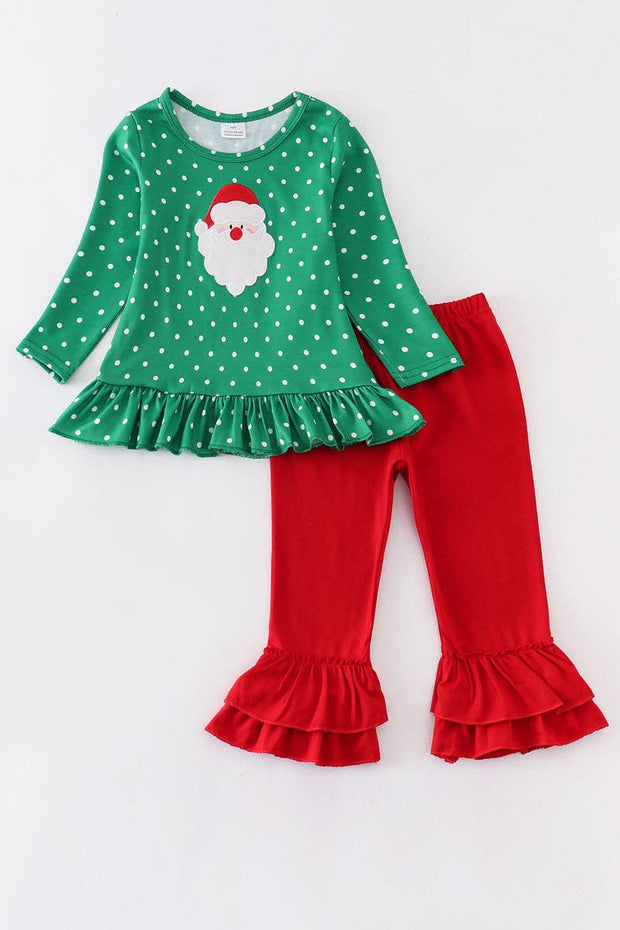 Green Santa Claus applique ruffle girl set