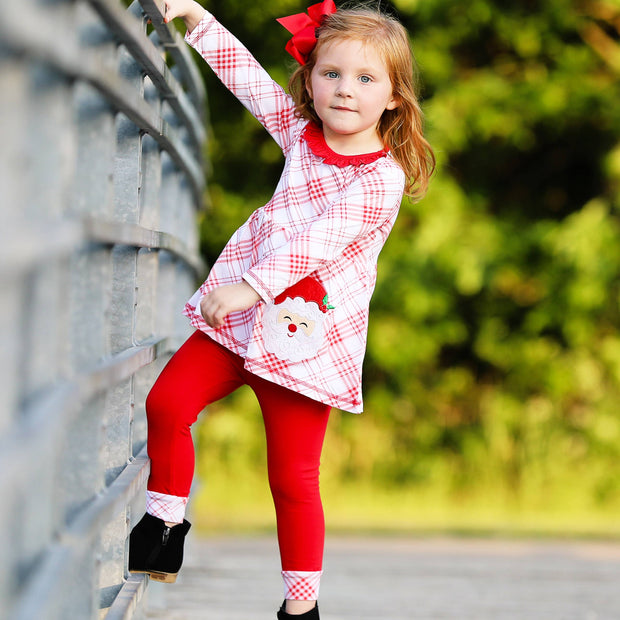 Girls Red Plaid Santa Christmas Tunic & Leggings