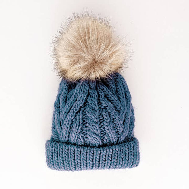 Slate Blue Pop Pom Pom Beanie Hat