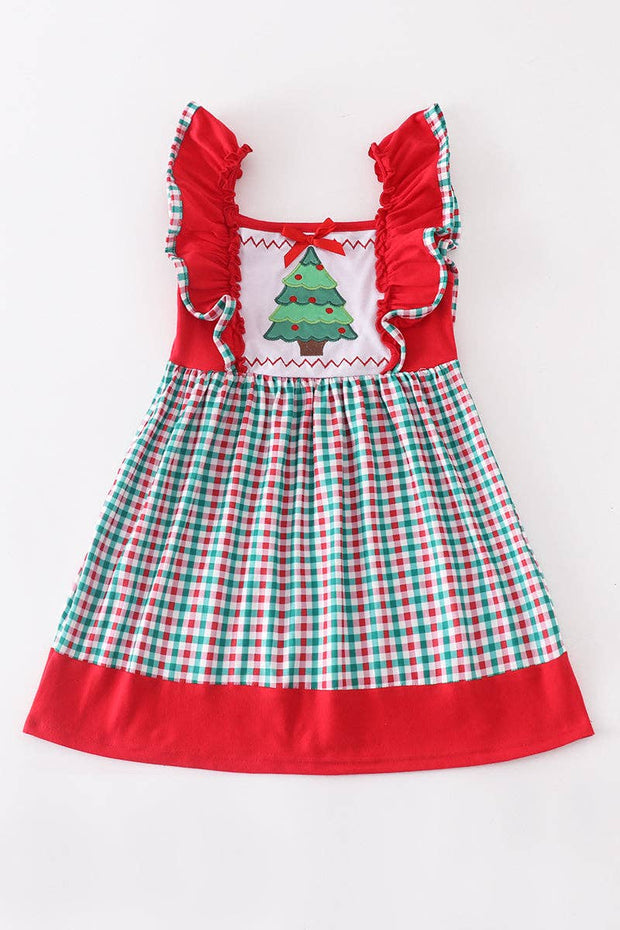 Christmas tree applique plaid dress