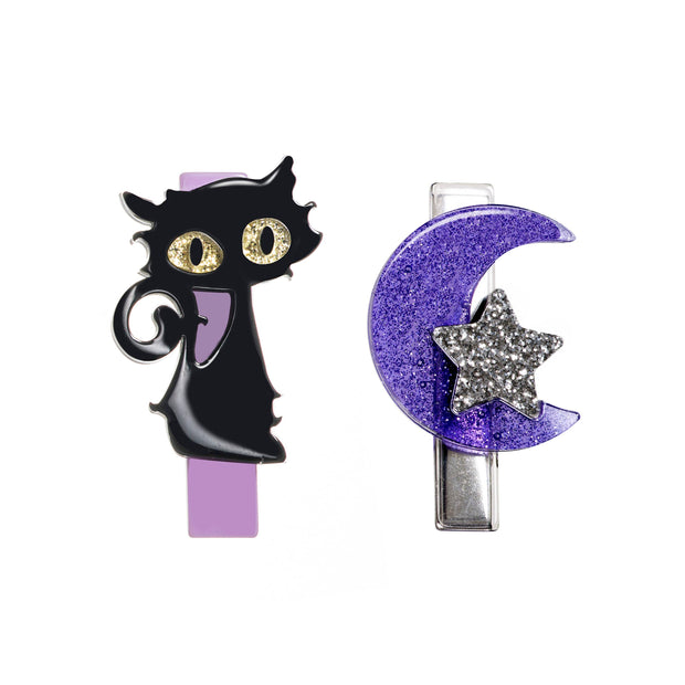 Cat Black & Moon Glitter Lilac Alligator Clips
