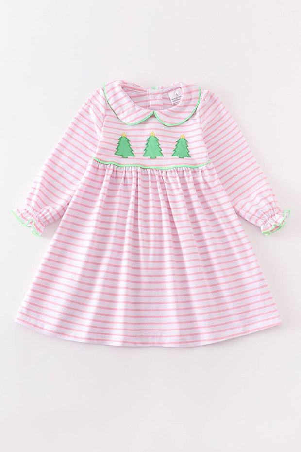 Pink Stripe Christmas Tree Applique Girls Dress