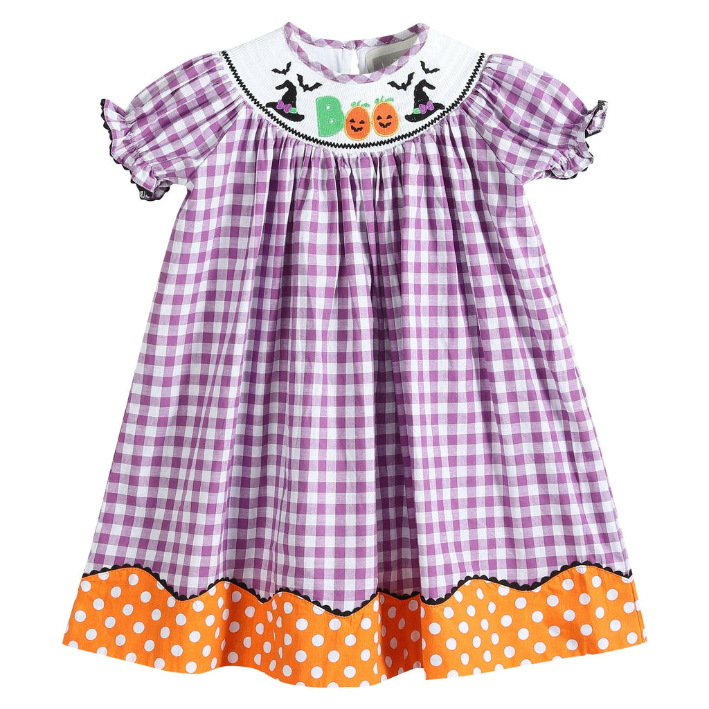 Purple Gingham Halloween Boo Smocked Bishop Dress 3T