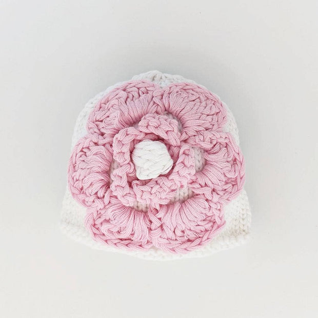 Newborn White with Pink Flower Beanie Hat