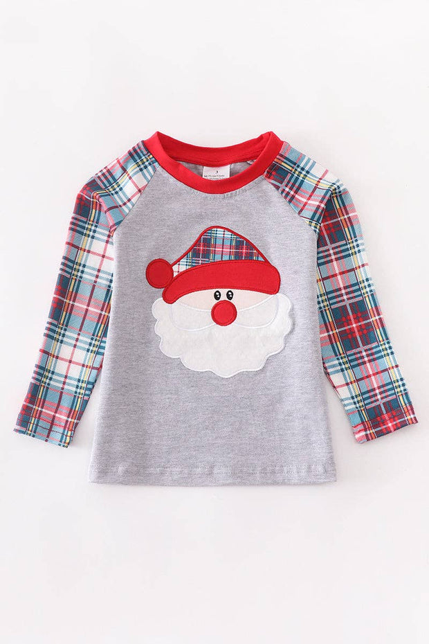 Grey Plaid Santa Applique Boy Top