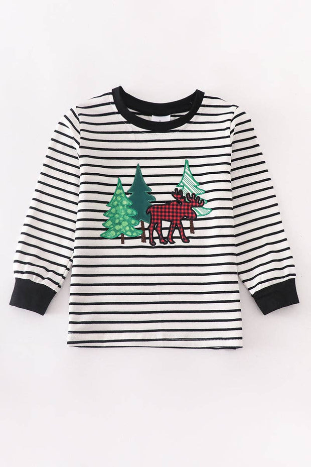 Black Stripe Christmas Tree Deer Boy Top