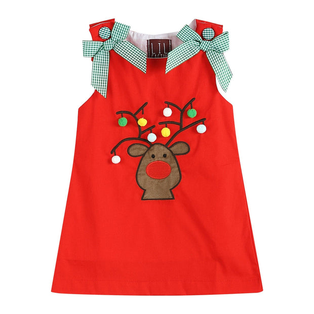 Red Reindeer Pom-Pom Shift Dress