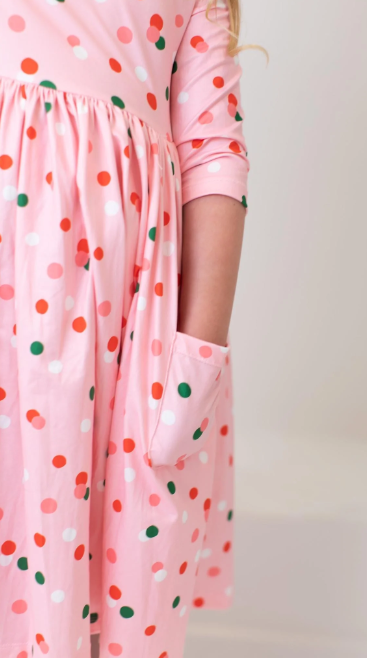 Holiday 3/4 Sleeve Dot Pocket Twirl Dress
