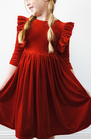 Red Velvet Ruffle Twirl Dress