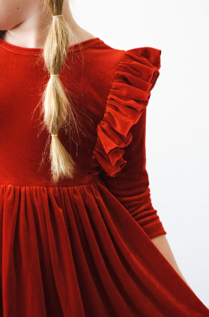 red velvet ruffle dress Christmas Red Velvet Maxi Dress for Women Crew Neck Dress Ruffle Hem Modest Evening Gown Winter Wedding Guest Holiday Party Custom Dress
