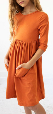 PUMPKIN SPICE 3/4 SLEEVE POCKET TWIRL DRESS