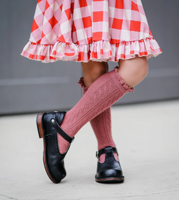 Mauve Rose Fancy Lace Top Knee High Socks