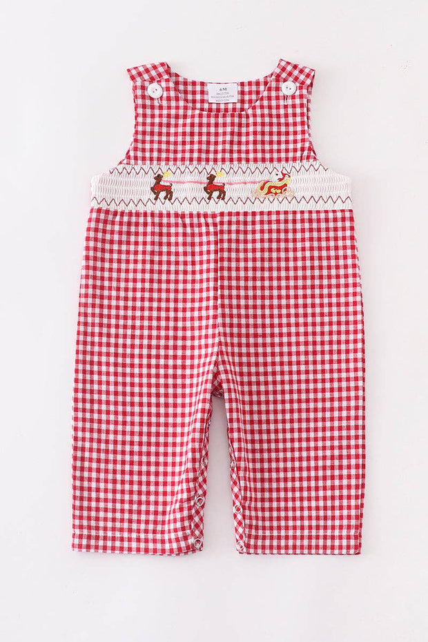 Red plaid reindeer embroidery coverall