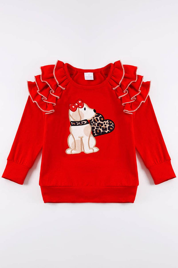 Red leopard dog heart applique ruffle top