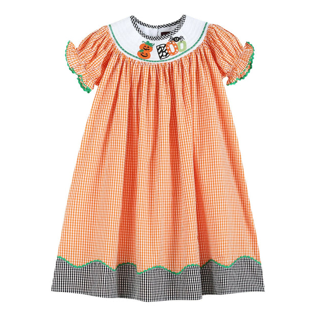 Orange 'Boo' Gingham Smocked Baby Bishop Dress