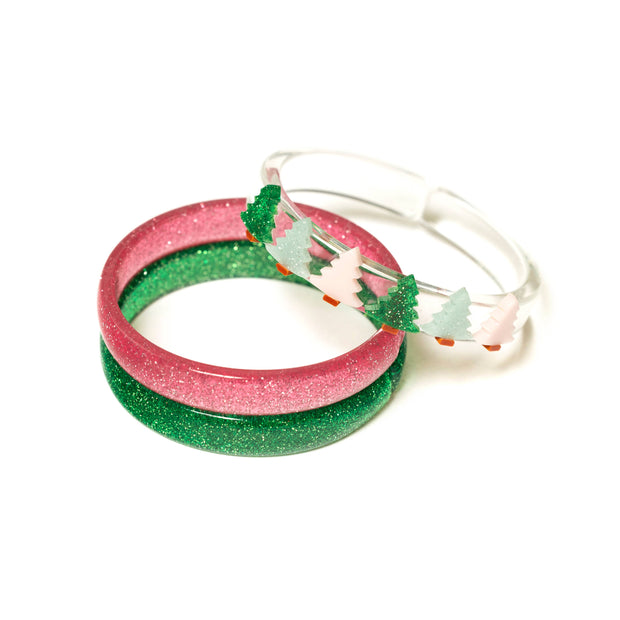 Multi Christmas Tree Red Dots+ Satin White Bangle Set