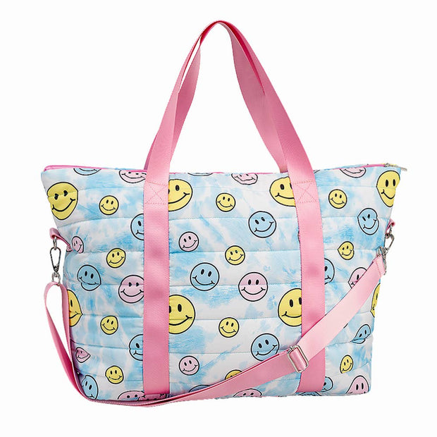 Smiley Blue Tie-Dye Printed Puffer Tote Bag