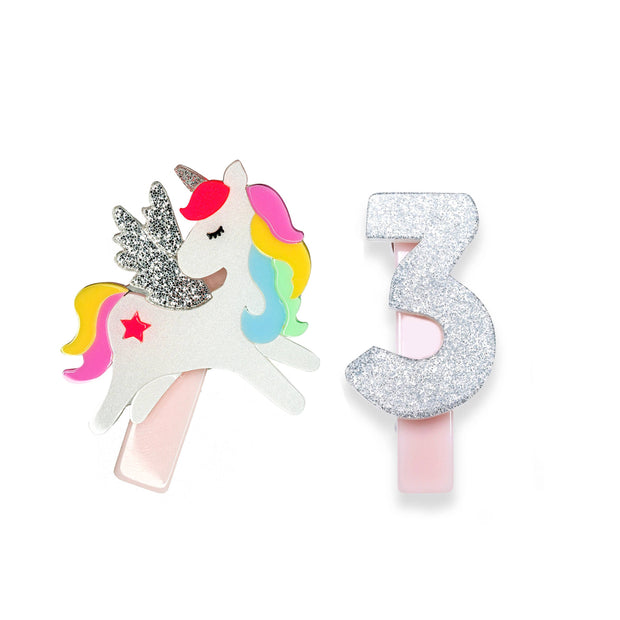 HOL23- Unicorn Birthday Number 3 Alligator Clips